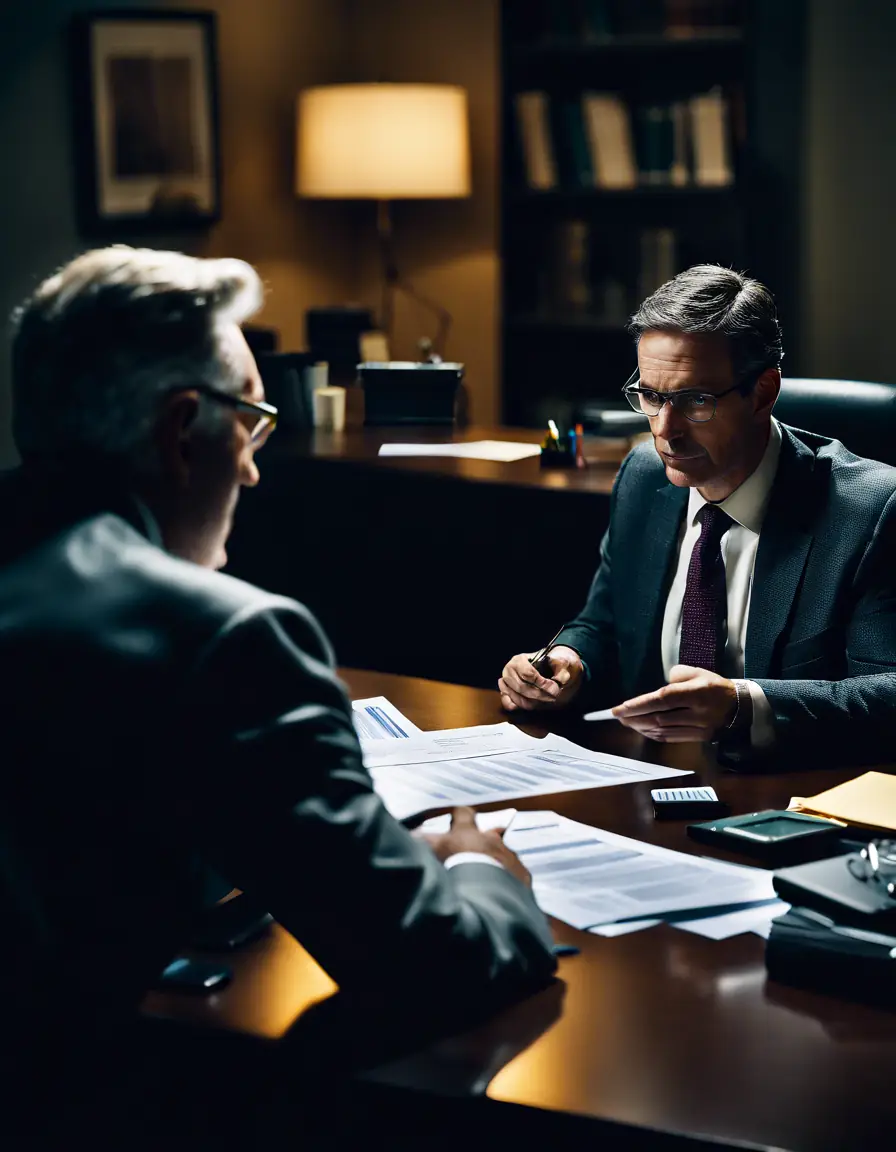 A tax advisor discussing strategies with a healthcare professional in a dimly lit office.