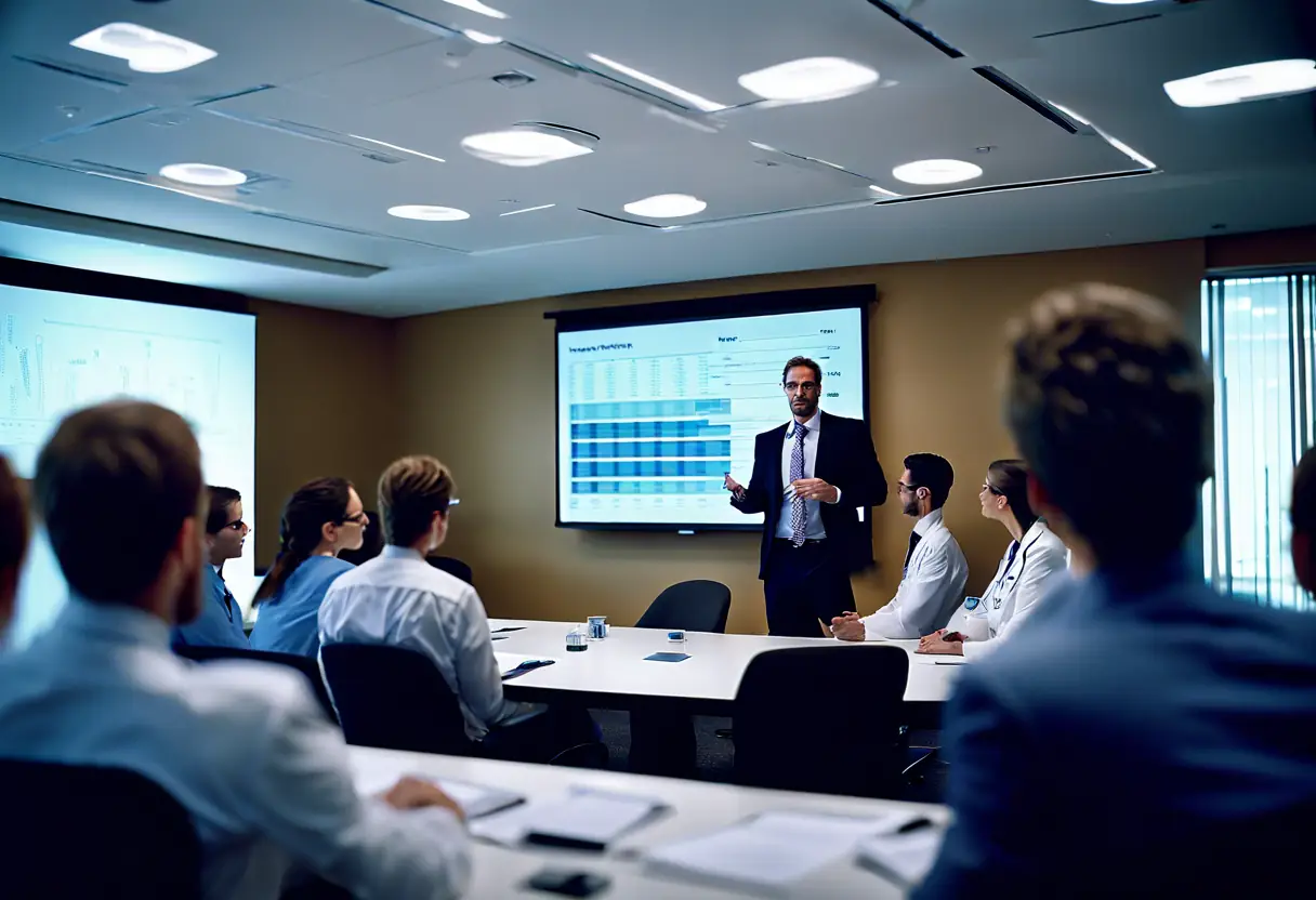 A tax advisor explaining tax strategies to healthcare professionals in a conference room.
