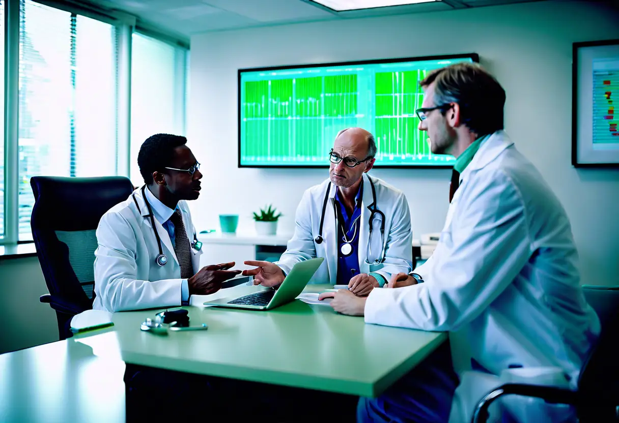 A healthcare consultant discussing financial strategies with a doctor in a modern office.