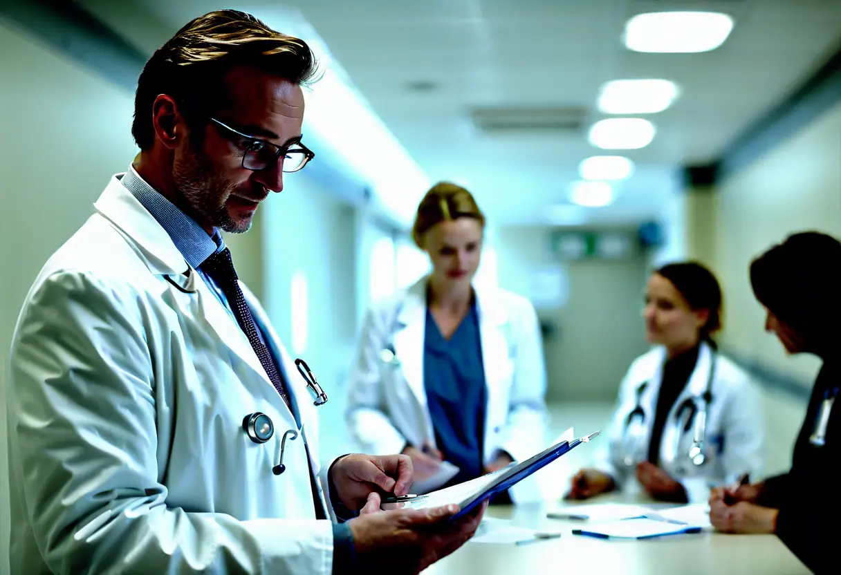 A healthcare consultant advising a medical team in a hospital setting.
