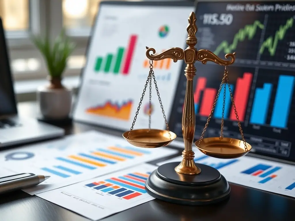 A scale of justice and business charts representing commercial law services.